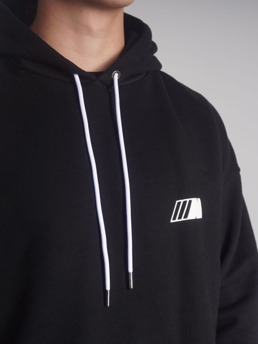 Close-up of the black hoodie fabric and print